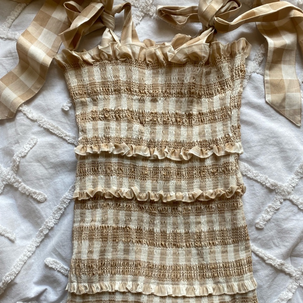 Gingham tan dress with ruffles and tie straps size small